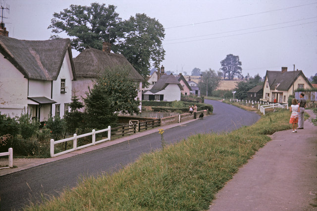 Thatched cottages on a lane in Finchingfield photographed in 1964